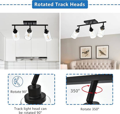 MELUCEE 3 Light 20.5 Inch Bathroom Vanity Light Black Track Lighting Fixtures Ceiling, Vanity Lighting Fixtures with Rotatable Track Head for Hallway Porch Foyer Bath Storage, Clear Glass Shade