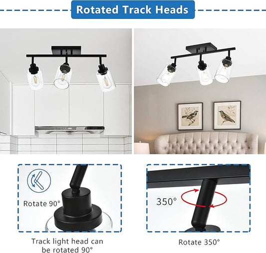 MELUCEE 3 Light 20.5 Inch Bathroom Vanity Light Black Track Lighting Fixtures Ceiling, Vanity Lighting Fixtures with Rotatable Track Head for Hallway Porch Foyer Bath Storage, Clear Glass Shade