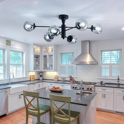 hesoge Modern Sputnik Ceiling Lights Black Semi Flush Mount Ceiling Fixture with Glass Globes 6 Light Chandelier for Dining Room Bedroom Living Room Kitchen Farmhouse.