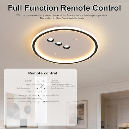 Shine LUEST Modern Round LED Flush Mount Ceiling Light with Black Finish & 3 Adjustable Spotlights, Dimmable Soft Glow Ceiling Lighting for Living Room Bedroom Hallway