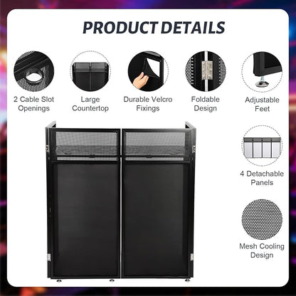 Portable DJ Booth Table Station 44"x42.2"x20.6", Foldable Metal Frame DJ Facade with Black & White Scrims, Detachable 40"x20" DJ Table, Adjustable Height, Carry Bag for Show, Party, Wedding, Events