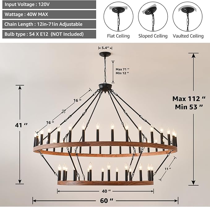 HHR 60" Wood-Grain Surface Double Tier Wagon Wheel Chandelier, 54-Light Extra Large Farmhouse Pendant Light Fixture, Round High Ceiling Chandelier for Dining Room Living Room Island Foyer Entryway E12