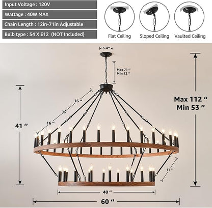 HHR 60" Wood-Grain Surface Double Tier Wagon Wheel Chandelier, 54-Light Extra Large Farmhouse Pendant Light Fixture, Round High Ceiling Chandelier for Dining Room Living Room Island Foyer Entryway E12