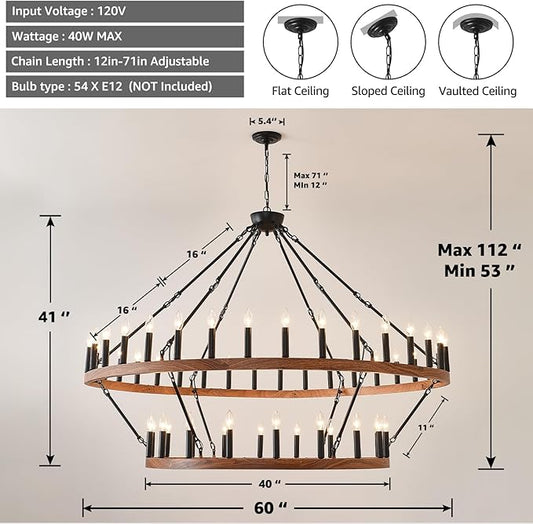HHR 60" Wood-Grain Surface Double Tier Wagon Wheel Chandelier, 54-Light Extra Large Farmhouse Pendant Light Fixture, Round High Ceiling Chandelier for Dining Room Living Room Island Foyer Entryway E12