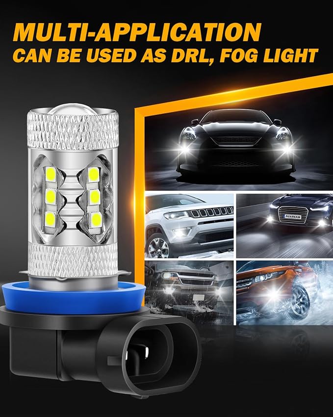 Auxbeam H11 Fog Light Bulbs, 8000LM 6500K Bright White 400% Brightness H8 H9 Fog Lights Replacement,1:1 Size, Plug-N-Play, Pack of 2