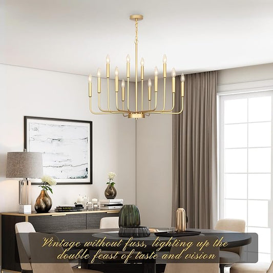Gold Chandeliers for Dining Room Light Fixture Over Table, Modern Farmhouse Chandeliers for Living Room,12-Lights Candle Lighting Fixtures for Entryway Kitchen Island Foyer