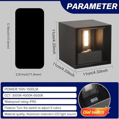 2 Pack Modern Outdoor Wall Lights, ETL Listed 15W Square LED Exterior Wall Sconce, 3 Color Temperature Selectable, Adjustable Up and Down Lighting Fixtures, IP65 Waterproof Aluminum Porch Light