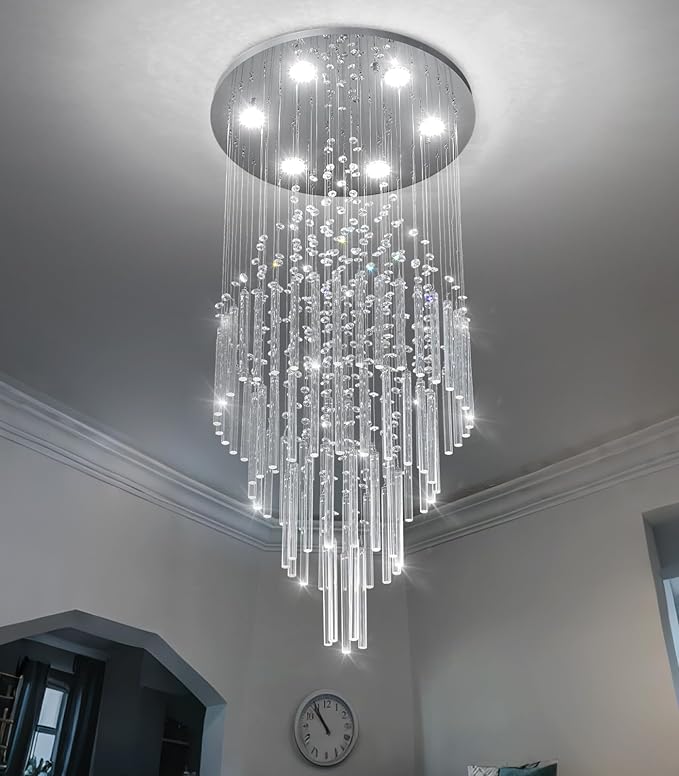 HAIXIANG W20 x H40 Crystal Glam Chandelier Long Light Chandeliers with Dimmable Light Bulbs High Ceiling Light Fixtures for Foyer Entryway Living Room Stair Silver