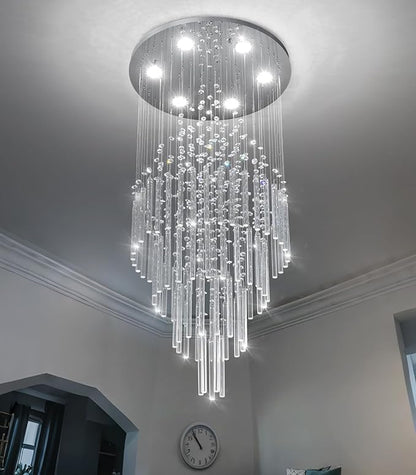 HAIXIANG W20 x H40 Crystal Glam Chandelier Long Light Chandeliers with Dimmable Light Bulbs High Ceiling Light Fixtures for Foyer Entryway Living Room Stair Silver