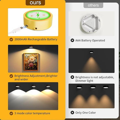 Narotood 6 Pack Picture Lights for Wall, Rechargeable Battery Operated Wall Lights, Picture Frame Lights with 3 Lighting Modes, Wireless Magnetic Painting Light with Remote Control Timer, (Golden)