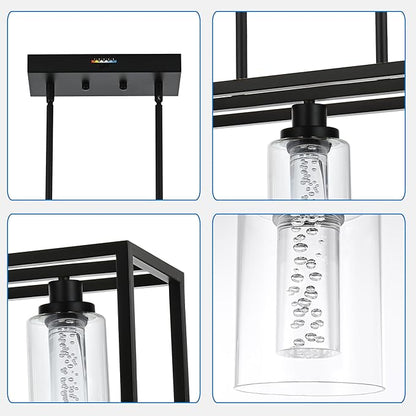 MELUCEE Dining Room Light Fixtures Over Table, 5 Light Black Kitchen Island Lighting LED Pendant Light, Linear Bubble Crystal Chandelier with Clear Glass, Built in LED chips 5-Color Temperature Adjust