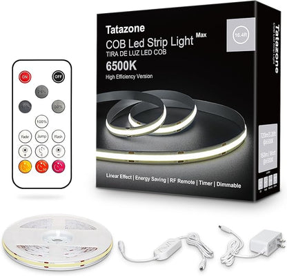 Tatazone White COB Led Strip Light Max with RF Remote, 16.4ft 6500K CRI93+ Dimmable Ultra Bright Daylight White COB Light Strip, Indoor COB Led Lights for Mirror, Kitchen, Room, Cabinet, Closet
