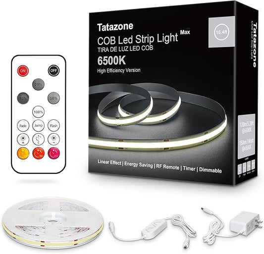 Tatazone White COB Led Strip Light Max with RF Remote, 16.4ft 6500K CRI93+ Dimmable Ultra Bright Daylight White COB Light Strip, Indoor COB Led Lights for Mirror, Kitchen, Room, Cabinet, Closet