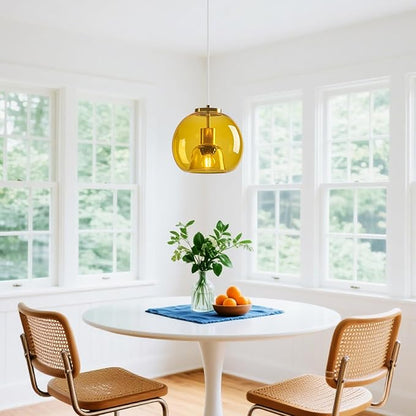 Yellow Glass Pendant Lights Kitchen Island Gold Hanging Light Fixture Glass Globe Pendant Light Modern Pendant Lighting for Kitchen Island Bedroom Dining Room (7.87", 1 Pack)