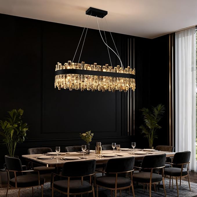 Weesalife Black Crystal Chandeliers for Dining Room, 20 Lights Modern Oval Chandelier for Lining Room, Rectangular Crystal Pendant Light Fixture for Kitchen Island Bar L36 Inch