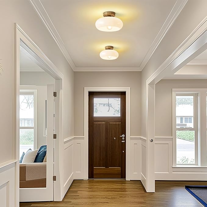WOKNOS Mid-Century Modern Semi Flush Mount Ceiling Light, Faux Wood Kitchen Ceiling Light Fixture with Glass Shade, Mini White Close to Ceiling Lamp for Entryway Hallway Bathroom (11.0 Inch)