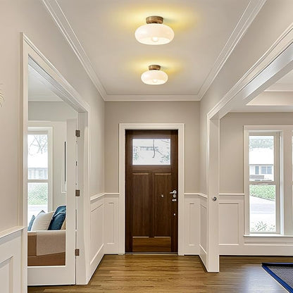 WOKNOS Mid-Century Modern Semi Flush Mount Ceiling Light, Faux Wood Kitchen Ceiling Light Fixture with Glass Shade, Mini White Close to Ceiling Lamp for Entryway Hallway Bathroom (11.0 Inch)