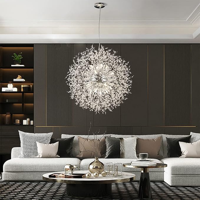 Modern Crystal Chandelier, 24-Light Firework Pendant Crystal Chandelier Chrome, 39.3" Large Dandelion Ceiling Light Fixture for Living Room Foyer Hallway