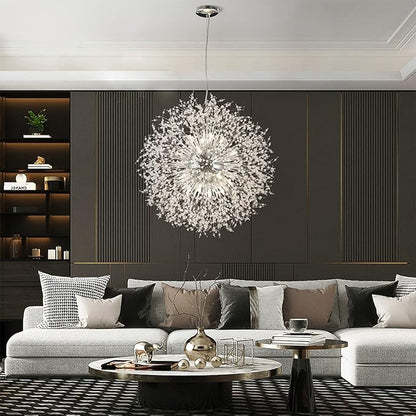 Modern Crystal Chandelier, 24-Light Firework Pendant Crystal Chandelier Chrome, 39.3" Large Dandelion Ceiling Light Fixture for Living Room Foyer Hallway