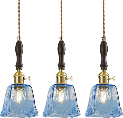 Blue Glass Vintage Pendant Light Height Adjustable Handmade Glass Pendant Lights Kitchen Island Gold Hanging Light Fixture with Wood Handle for Bedroom Dining Room Hotel (3 Pack)