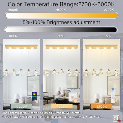 5-Lights Rectangular Pendant Light LED Dimmable Linear Crystal Chandelier Modern Rectangular Chandeliers for Dining Room Bedroom Gold Hanging Light