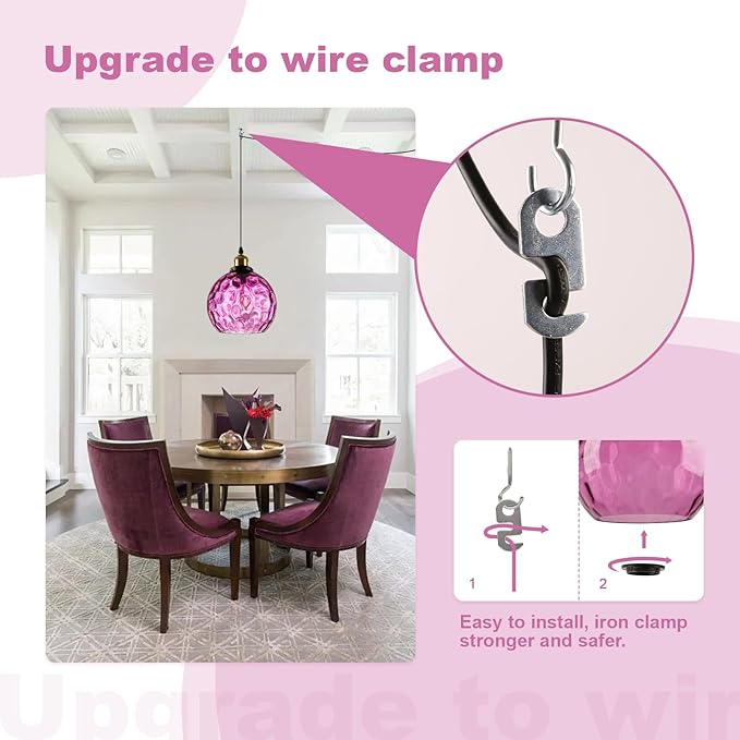 Corner Pendant Light Plug in, Hanging Chandeleir with Plug in Cord, Hand Blown Purple Water Ripple Glass Globe, Bohemian Bedroom Living Room Hanging Lamp Ambient Lighting for Reading Nook