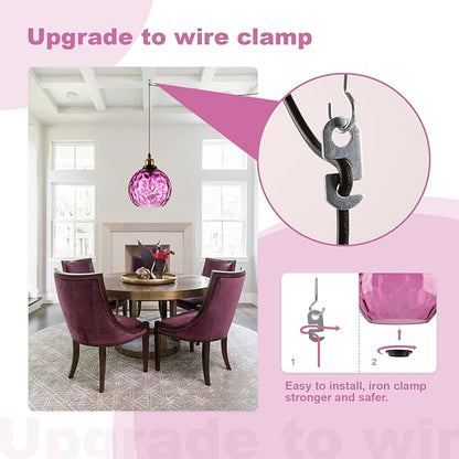 Corner Pendant Light Plug in, Hanging Chandeleir with Plug in Cord, Hand Blown Purple Water Ripple Glass Globe, Bohemian Bedroom Living Room Hanging Lamp Ambient Lighting for Reading Nook