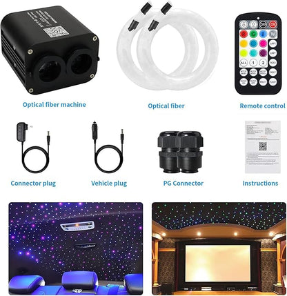 AMKI Dual Color 20W Twinkle Starlight Headliner Kit 800pcs 0.03in 13.1ft Fiber Optic Star Ceiling Light Sound Activated Music Mode APP/Remote Control Dual Port Light Box for Car Home Roof Decor