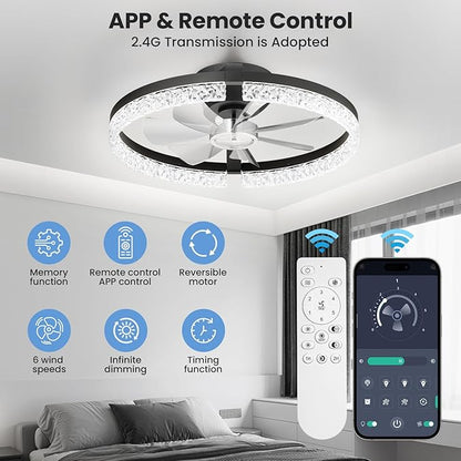 StarryEver LED Ceiling Fans with Lights and Remote, 18 inch Modern Smart Ceiling Fan, 6 Speeds and 3000K-6500K Stepless Dimmable Quiet Fan Lights Ceiling for Bedroom, Living Room, Dining Room, Black