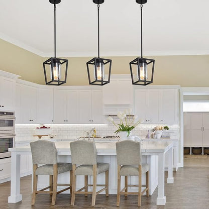 SGLfarmty 1-Light Black Pendant Lights Kitchen Island, Modern Farmhouse Cage Metal Adjustable Lantern Hanging Light Fixture with Glass Shade for Dining Room Entryway Hallway