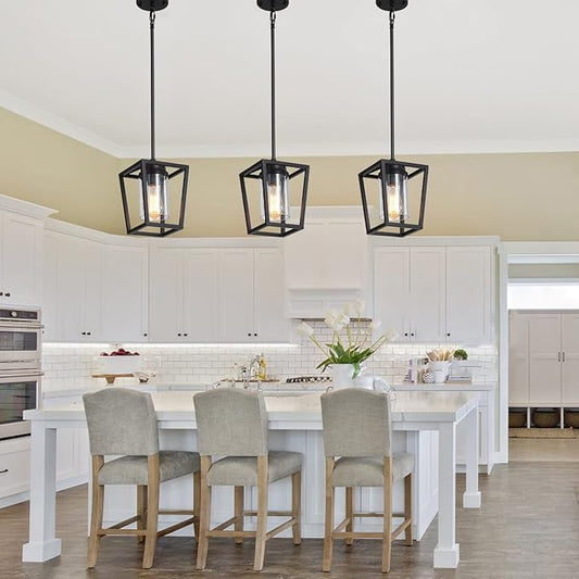 SGLfarmty 1-Light Black Pendant Lights Kitchen Island, Modern Farmhouse Cage Metal Adjustable Lantern Hanging Light Fixture with Glass Shade for Dining Room Entryway Hallway