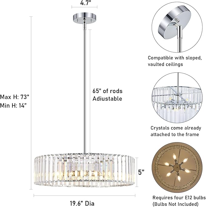 YURNYQ Chrome Crystal Chandelier for Dining Room, 6-Light Modern Semi Flush Mount Chandelier Lighting Fixtures, Round Kitchen Hanging Drum Lights Ceiling for Living Room Bedroom Entry Foyer, 19.6 Inch