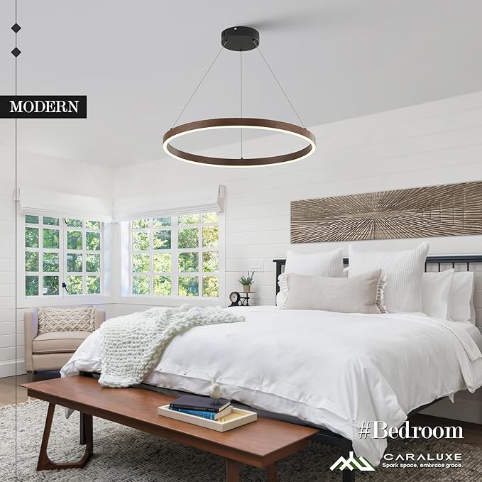 LED Ring Chandelier Walnut Wood Chandelier 24in Dimmable Round Foyer Chandeliers Light Modern Circular Chandeliers Wood-Printed Adjustable Pendant Light Fixture for Dining Room Entry Bedroom Office