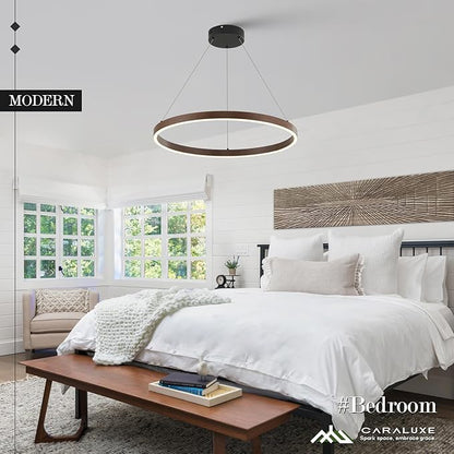 LED Ring Chandelier Walnut Wood Chandelier 24in Dimmable Round Foyer Chandeliers Light Modern Circular Chandeliers Wood-Printed Adjustable Pendant Light Fixture for Dining Room Entry Bedroom Office