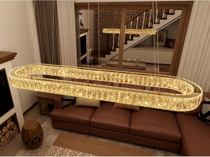 HAIXIANG LED Long Chandeliers for Dining Table Modern Chandelier Dimmable Pendant Lights Crystal Rectangular Glam Lighting Fixtures for Dining Room Kitchen Island Gold