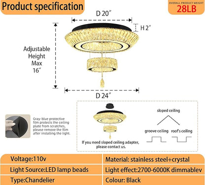 Led 24'' Black Ring Crystal Chandelier,Modern Luxury 2 Tier Crystal Raindrop Chandeliers Lighting for Dining Living Room LED Dimmable 3000-6000K