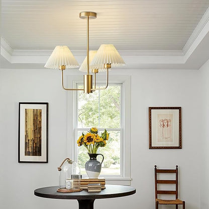 KCO Lighting 3-Lights Pleated Chandelier White Fabric Pendant Light Fixtures Mid Century Modern Gold Sputnik Chandelier Vintage Classic Chandeliers for Dining Room Bedroom