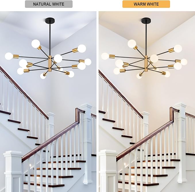 SINERISE Modern Sputnik Chandelier Light Fixture, 12-Light Chandelier Ceiling Light Fixture Black and Gold Mid Century Chandelier Height Adjustable for Kitchen, Living Room, Bedroom, Hallway and Foyer