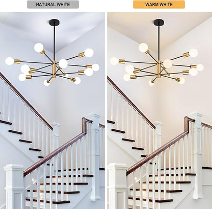 SINERISE Modern Sputnik Chandelier Light Fixture, 12-Light Chandelier Ceiling Light Fixture Black and Gold Mid Century Chandelier Height Adjustable for Kitchen, Living Room, Bedroom, Hallway and Foyer