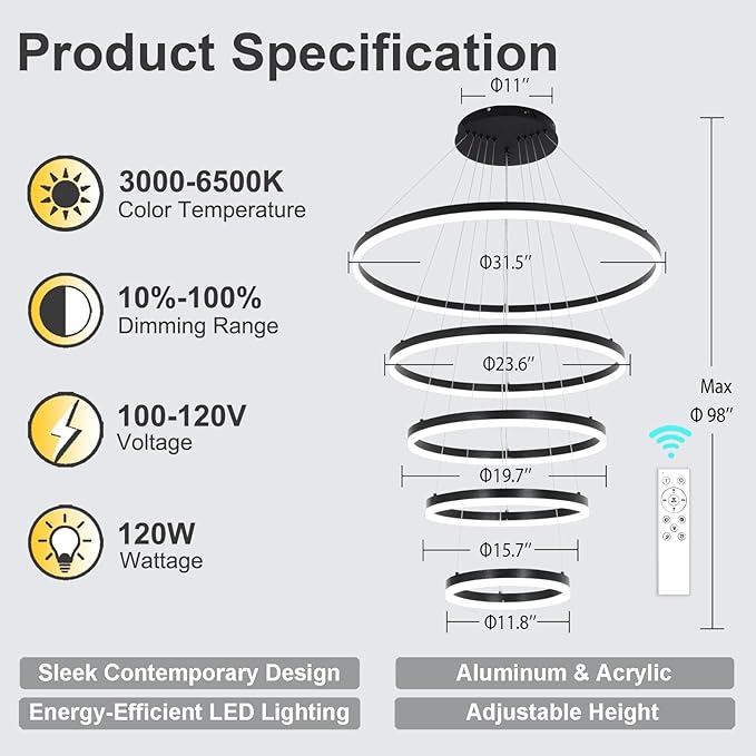 5 Rings Modern LED Chandelier Black Large High Ceiling Chandeliers with Remote Control Contemporary Pendant Light Dimmable for Staircase Entryway Living Room Foyer Villa(3000K-6500K D31.5)