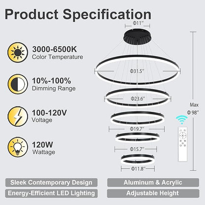 5 Rings Modern LED Chandelier Black Large High Ceiling Chandeliers with Remote Control Contemporary Pendant Light Dimmable for Staircase Entryway Living Room Foyer Villa(3000K-6500K D31.5)
