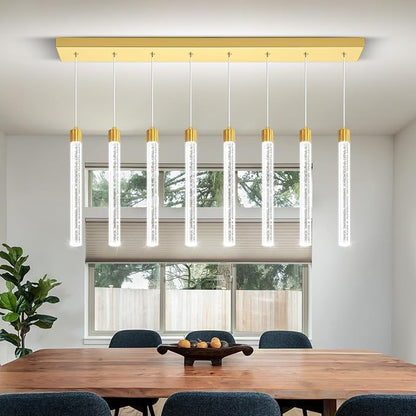 Modern Rectangular Crystal Chandelier LED Dimmable Crystal Column Chandelier Living Room Crystals Pendant Light for Dining Room Adjustable Height 8-Light Gold