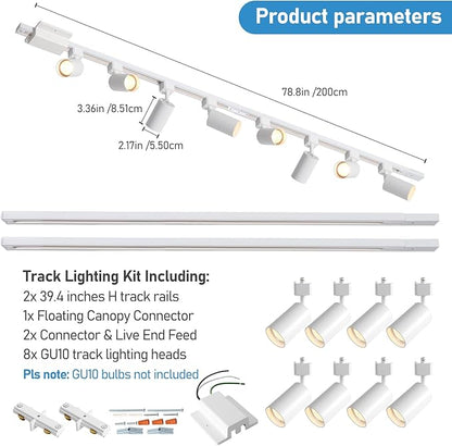 8-Light LED Track Lighting Kit with 6.6FT H Track Lighting Rails & Floating Canopy Connector, GU10 Track Light Kit, Modern Kitchen Track Lighting Fixtures Ceiling Spot Light, White (No Bulbs)