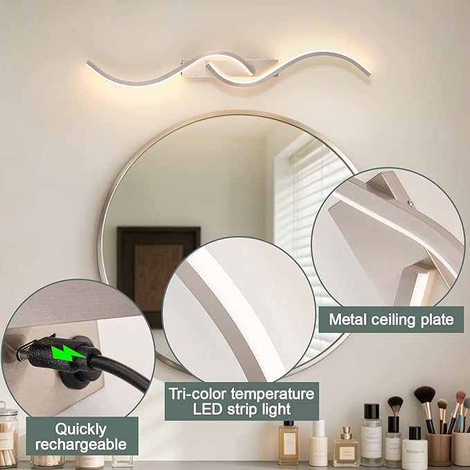 Modern Battery Operated Wall Sconces, Rechargeable Wall Sconces, 3000K-6500K LED Wireless Wall Light, Modern Wall Lamp not Hardwired for Living Room Bedroom Hallway -39.37 in (Nickel)