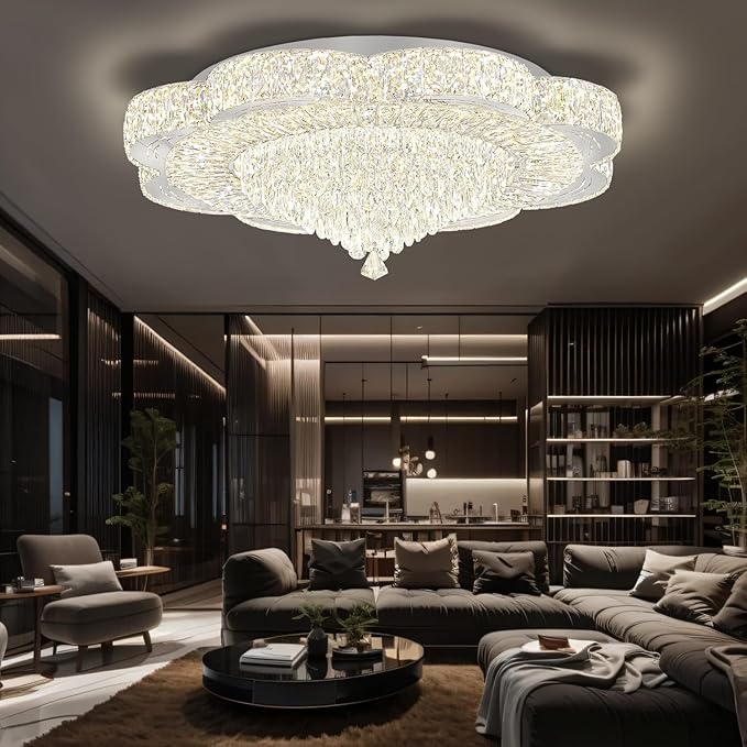 32in Modern Crystal handeliers for Living Room,Large Crystal Chandelier with Remote Control Flush Mount Chandeliers for Bedrooms Dining Room Dimmable 2700K-6000K