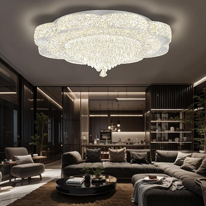 32in Modern Crystal handeliers for Living Room,Large Crystal Chandelier with Remote Control Flush Mount Chandeliers for Bedrooms Dining Room Dimmable 2700K-6000K