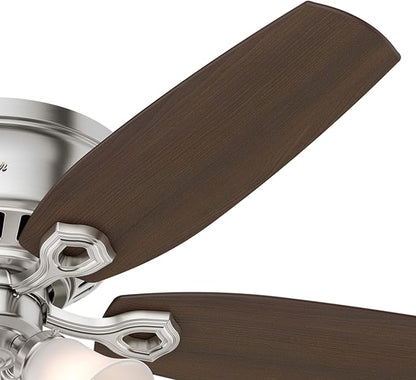 Hunter 52 inch Indoor Ceiling Fan with LED Lights - Ceiling Fan with Pull Chain, For Bedroom, Living Room, or Kitchen, Low Profile Flush Mount, No Remote, 5 Blades - Builder 53328, Brushed Nickel