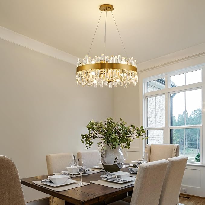 Modern Crystal Chandelier for Dining Room, 12-Light Luxury Gold Flush Mount Crystal Ceiling Light 2-Tiers K9 Crystal Raindrop Chandelier for Living Room Kitchen Entryway Foyer D23.6''
