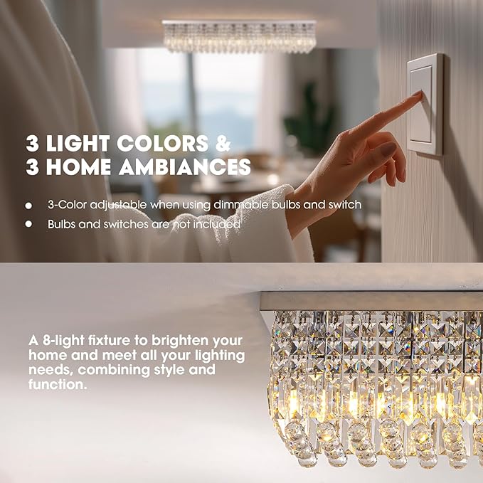 Modern Crystal Chandeliers for Dining Room Light Fixture, 8-Light Rectangle Chandelier Ceiling Light for Kitchen Island Living Room, L39.4 Inch, Chrome Finish