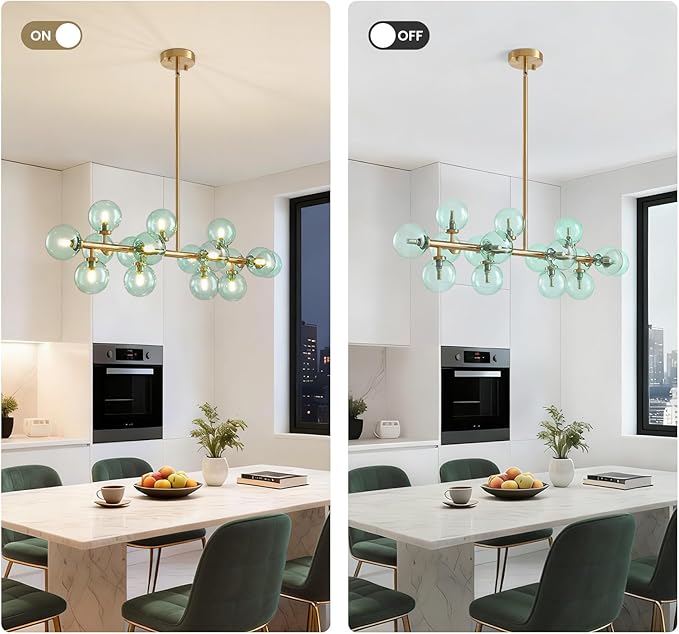 Mid Century Modern Gold Chandelier with Green Glass Rectangle Pendant Fixtures Linear Sputnik Chandeliers for Kitchen Island Dining Room Over Table